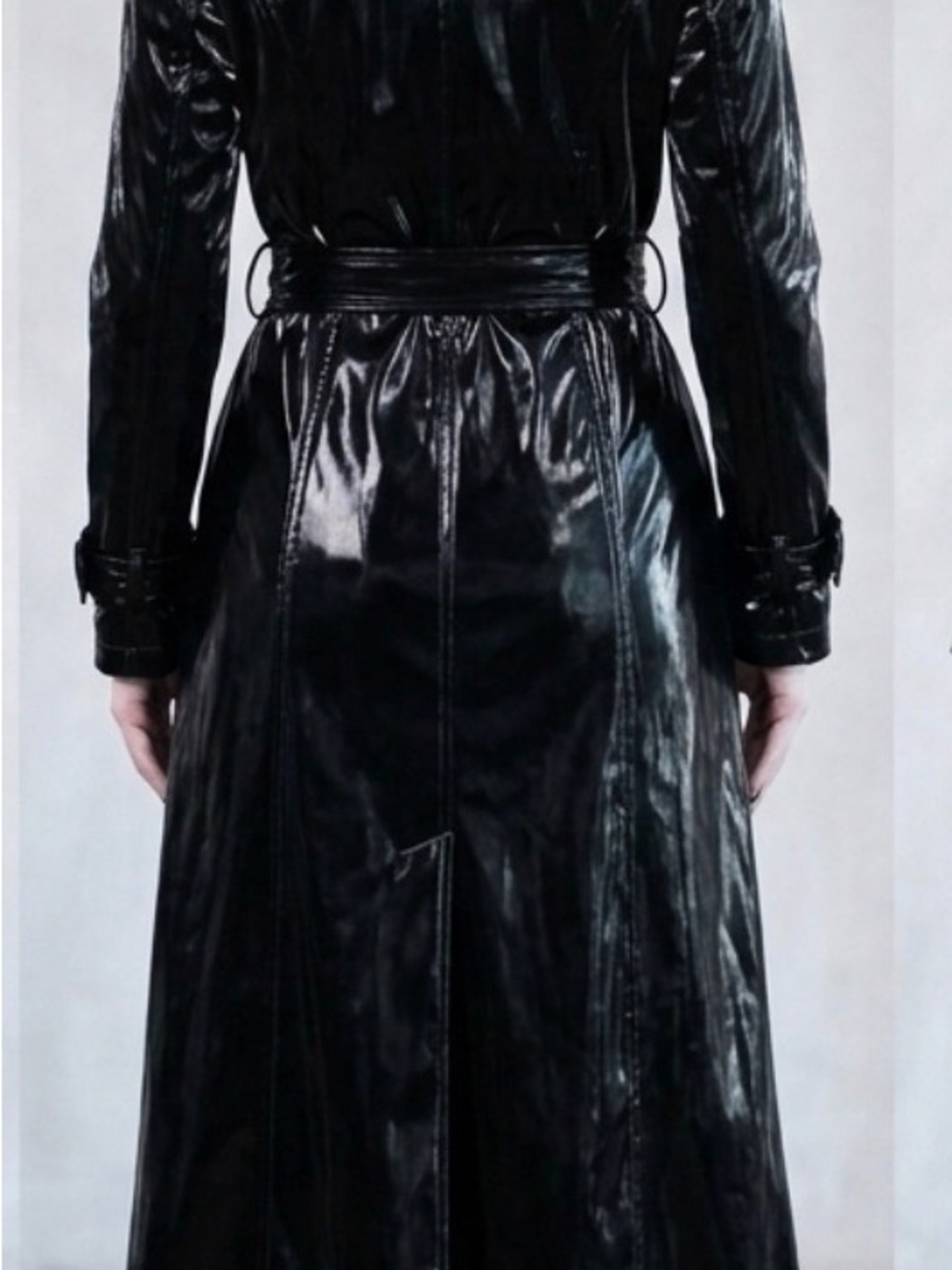 Black Long Trench Coat with Belt - Women - Picture 3 of 6